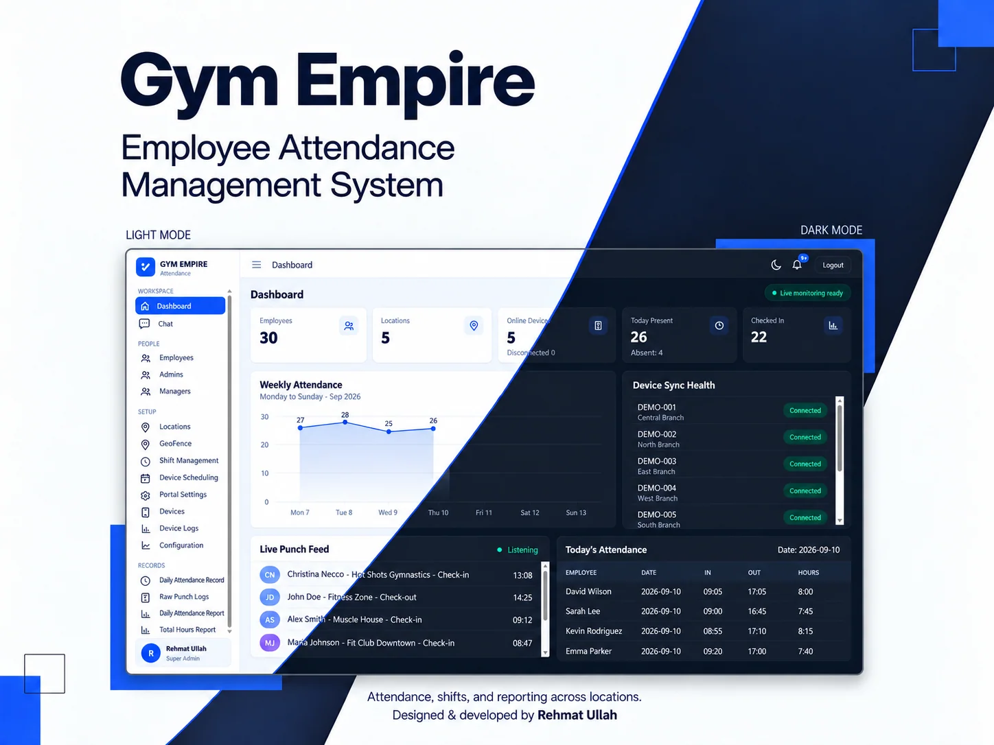 Gym Empire attendance dashboards in light and dark themes