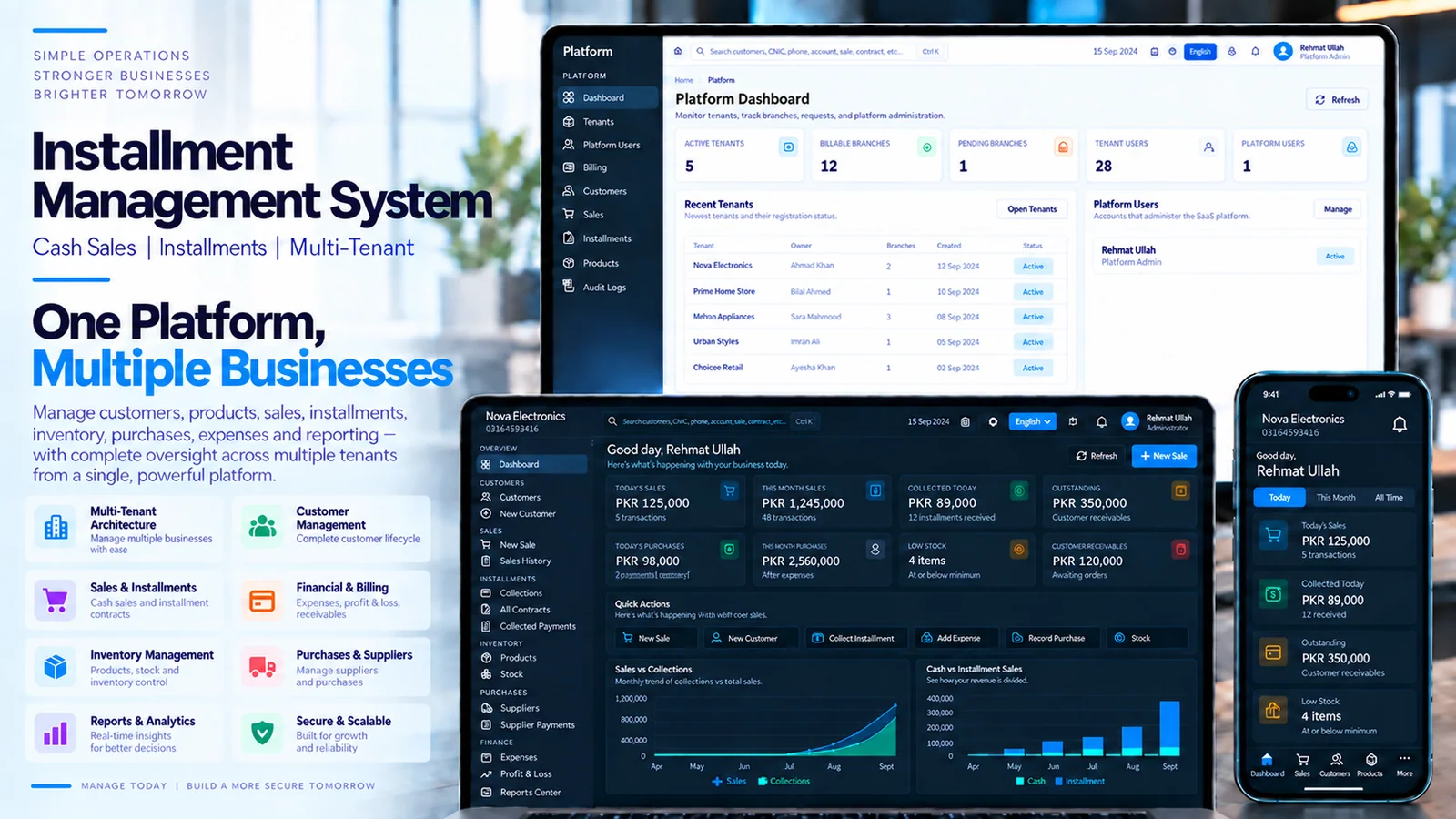 IMS platform and tenant dashboards for cash sales and installment management